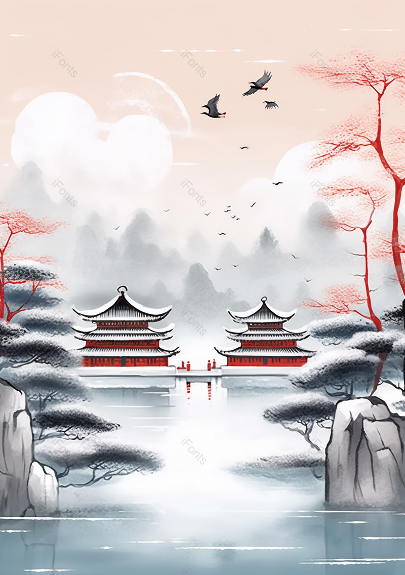 湖面大寒寒冷下雪天城楼古代建筑飞鸟红色古典传统风景水墨插画,插画/手绘图,插画/手绘图库,插画/手绘图下载,插画/手绘